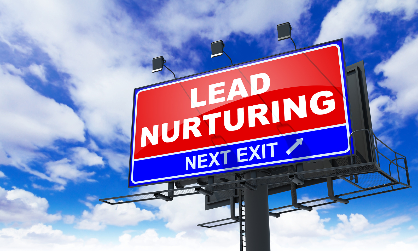 Lead Nurturing - Red Billboard on Sky Background.